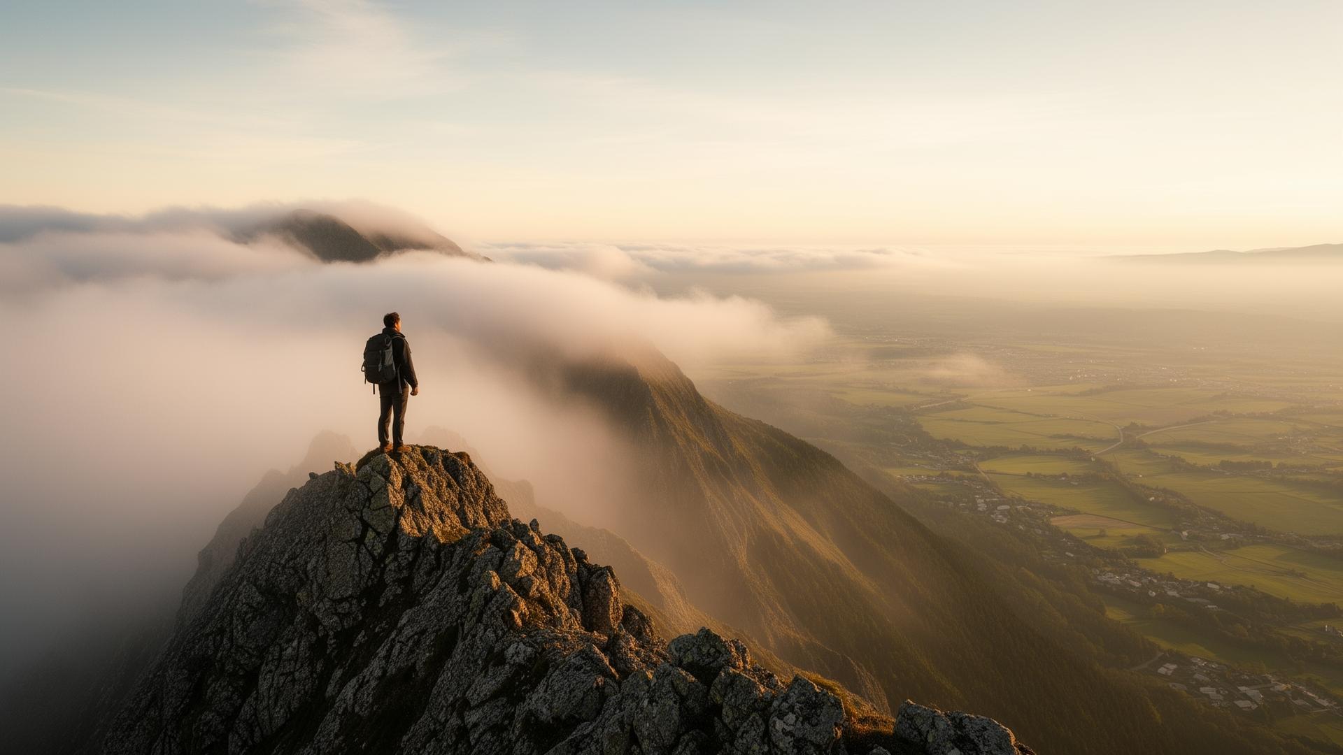 A person on a mountain peak emerging from fog into a sunlit valley